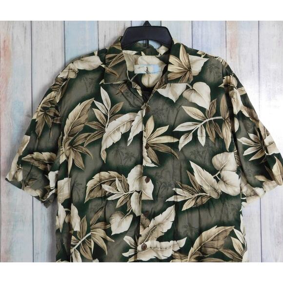Vintage Men Hawaiian Shirt XL Green Tan Leaves Short Sleeve Button Down - Picture 2 of 8